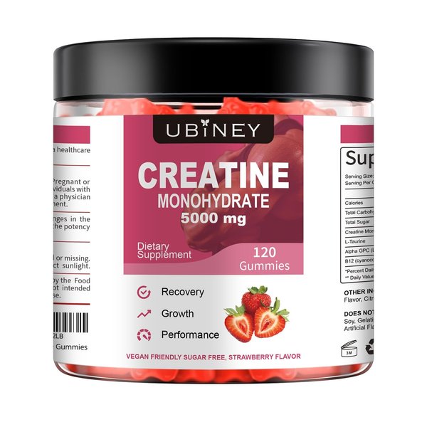 Creatine Monohydrate Gummies with Vitamin B12 Sugar & Gluten Free 5000mg Chewable Creatine for Women & Men, L- Taurine Supplements for Recovery, Growth & Performance, Vegan Strawberry Flavor 120 Count