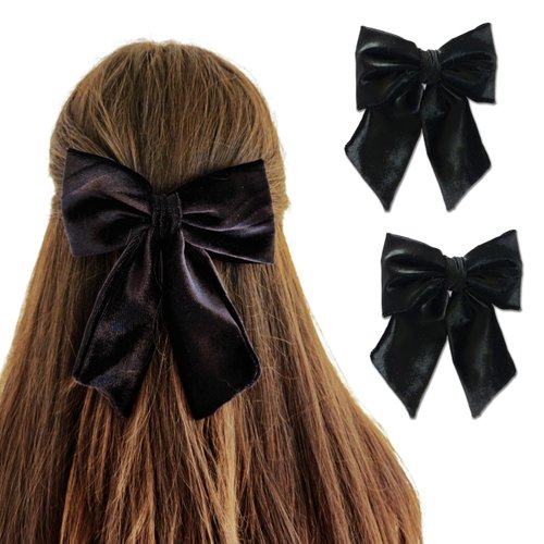 Handcrafted Velvet Hair Barrette Duo with Extra Long Tail - Set of 2 | Hair Bow Clips for Women, Hair Ties for Girls, Elegant Hair Styling Accessories in Black