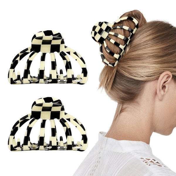 Shinowa Hair Claw Clips for Women Girls, [2-Pack] Checkered Hair Jaw Clips Big Banana Clips Non-slip and Strong Hold for Thick, Medium, Curly and Thin Hair, Black & White