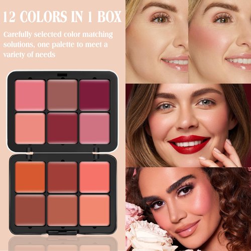 LSxia 12 Colors Cream [Blush] Makeup Palette for Cheeks - Multi-functional Blush Makeup Palette with Brush, Natural Matte Long Wearing, Waterproof Blendable Face Makeup Palette (#01)