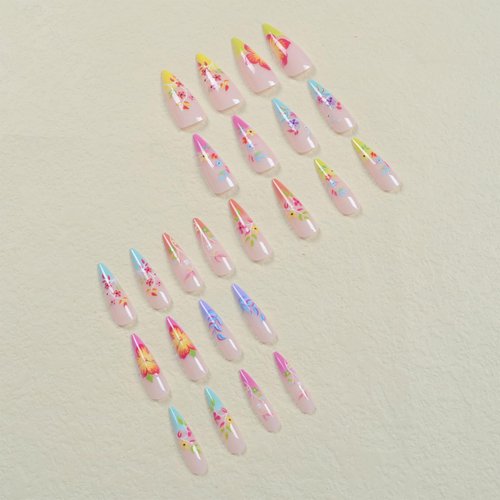 LBPEPAMZ Colorful Flower Press on Nails Medium Almond False Nails Gradient French Tips Acrylic Nails Gorgeous Floral Glue on Nails Spring Summer Nail Art Decorations for Women Girls Daily Wear 24Pcs