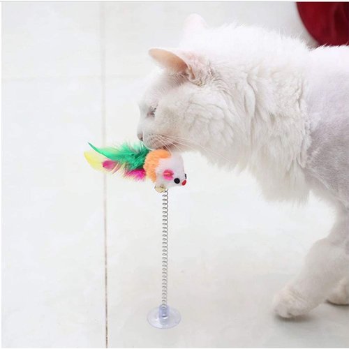 KABB 3 Pcs Cat Toy Spring Toy Elastic Spring Mouse Feather Plush Interactive Intelligence Toys with Sucking, Random Color
