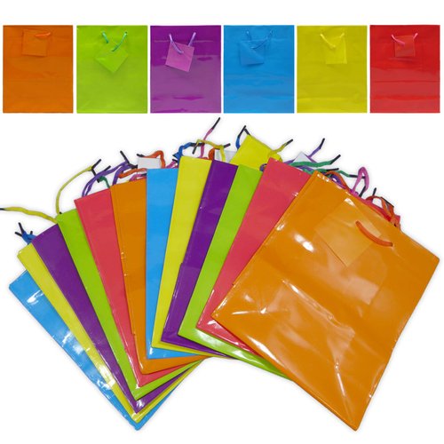 Colorful Gift Bags | 9" x 7.5" x 3.5" | Glossy Neon Colored Paper Party Bag | Blank Assorted Bright Rainbow Set with Rope Handles | Special Occasion, Event Supplies, Snacks, Arts and Craft (12 - Pack)