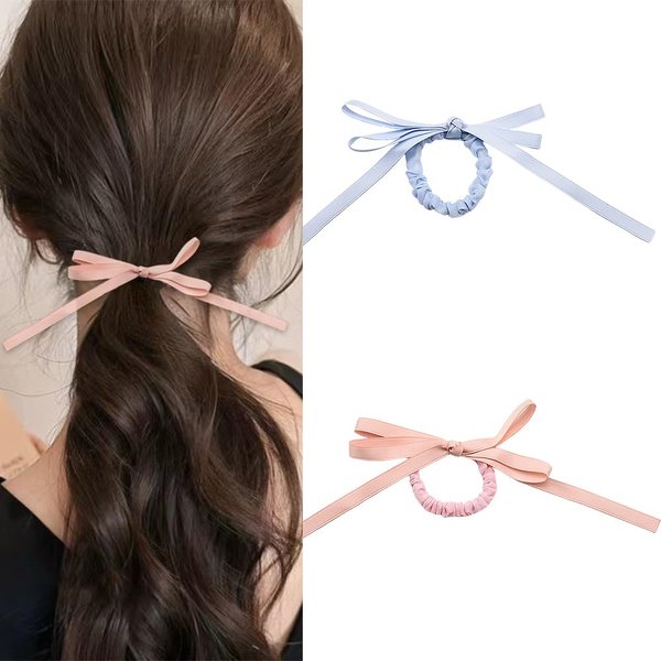 Ribbon Bow Hair Scrunchies for Women Girls blue and Pink Hair Bows Ties for Teen Girls Bowknot Hair Rubber Bands for Women Silk Bow Scrunchy 2 PCS