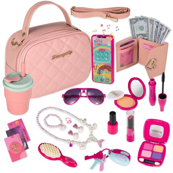 Little Girls Play Purse, Kids Toy Purse and Pretend Makeup Kits for Toddlers -My First Purse Set Include Handbag, Phone, Wallet, Play Mermaid Jewelry, Pretend Play Girl Toys, Gift for Girls 3 4 5 6 7