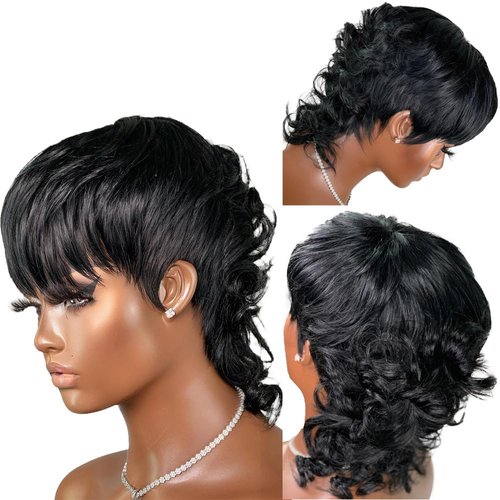 QITAQOTA Mullet Wigs For Black Women Pixie Cut Wig Short Wigs For Black Women Halloween Cosply Wig With Bangs Heat Resistant Wig