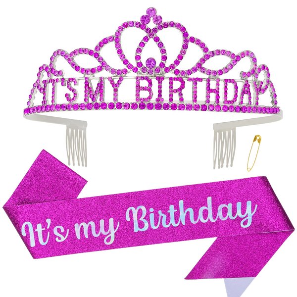 ACO-UINT Birthday Crown for Women, Purple Birthday Headband Birthday Sash It's My Birthday Crown, Birthday Girl Crown Birthday Tiara Birthday Decorations Birthday Gifts