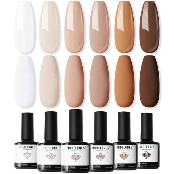 modelones Gel Nail Polish Set - 6 Colors Nude Brown White Skin Tone Neutral Beige Tan Taupe Gel Nail Polish Kit Popular All Seasons Summer Soak Off Nail Art Manicure DIY Salon at Home Gifts for Women