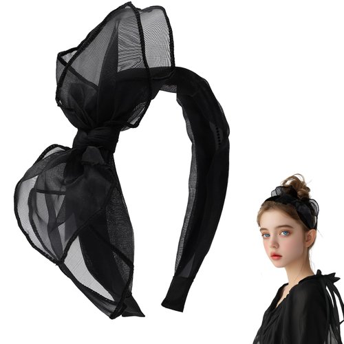 MHDGG Black Bow Headband Knotted Headband for Women Girls,Solid Colors Gauze Lips Wide Headbands Twist Bow Turban Headwrap Rabbit Ears Hairband with Cloth Wrapped Headwear