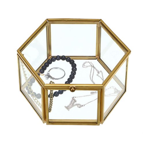 Hipiwe Vintage Glass Jewelry Box - Golden Hexagonal Jewelry Display Organizer Keepsake Box Home Decorative Box Case for Storage Trinket Ring Earring Chest