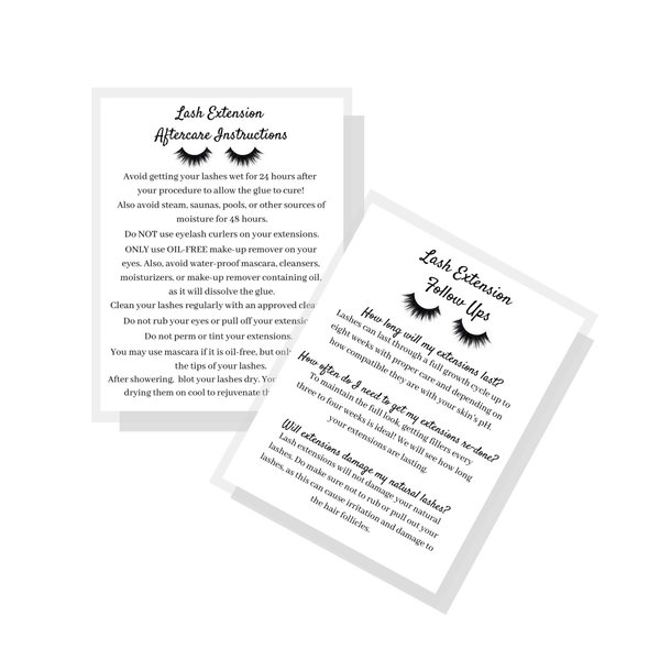 Lash Extension Aftercare Instruction Cards for Clients | Post Card Size 4.25 x 5.5” inches | 30 pack | Minimalist Black and White for Lash Artist Techs Client Business Cards