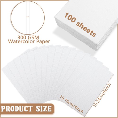 Panelee 100 Pieces Watercolor Paper Handmade 300 GSM Thick White Deckle Edge Blank Paper Cotton Art Paint Watercolor Paper for Wedding Invitations, Letterpress, Greeting Cards (4 x 6 Inch)