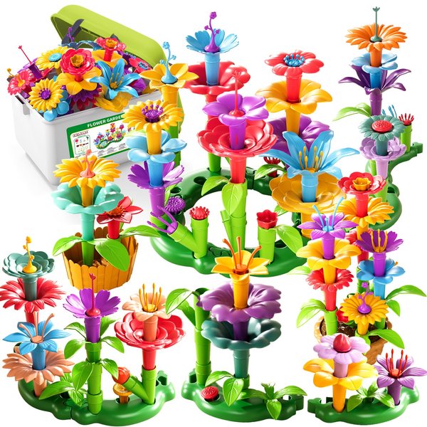 LILYBUDS Toddler Girls Toys for 3 4 5 6 7 Years Old, 81pcs Flower Garden Building Toy Set for Toddler Girl with Storage Box, Building STEM Toy and Preschool Garden Play Set for Toddlers Girls