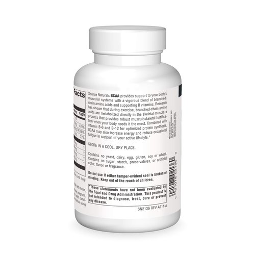 Source Naturals BCAA Branched-Chain Amino Acids with L-Glutamine, Zinc, B-6 and B-12, Provides Supports The Body’s Muscular Systems* - 120 Capsules