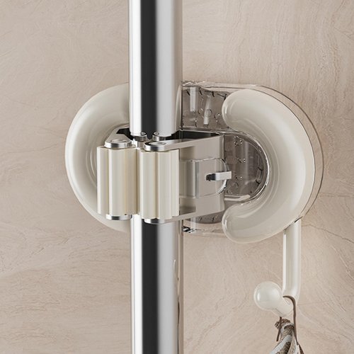 Mop Broom Holder with Hook Suction-cup Type Mop Broom Organizer Wall Mounted with Hanger for Kitchen Bathroom Drill Free Mop Broom Gripper Cleaning Supplies Organizer Utility Holder, Cream White