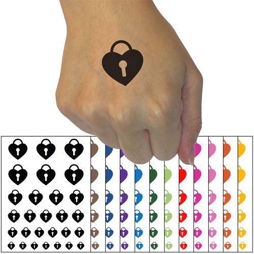 Heart Lock Key Temporary Tattoo Water Resistant Fake Body Art Set Collection - Black (One Sheet)
