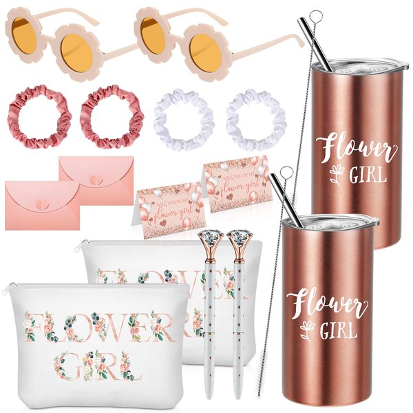 Set of 2 Flower Girl Proposal Gifts Set 2 Flower Girl Tumblers with Straws Be My Flower Girl Card with Envelope Canvas Makeup Bag Sunglasses Hair Scrunchies Diamond Pen for Wedding Bridal Shower