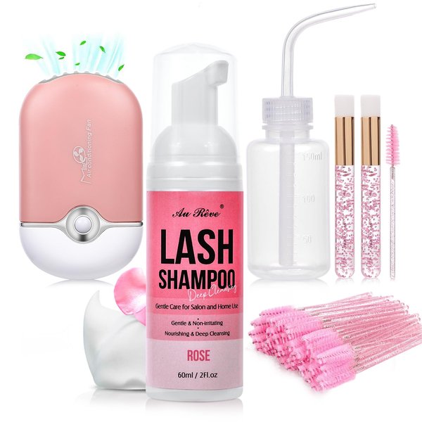 AuReve Lash Shampoo for Lash Extensions 60 Ml/2fl.oz Eyelash Extension Cleanser with Lash Fan Lash Cleaning Kit, Gentle Foaming Eyelash Shampoo with Brush and Wash Bottle for Salon Home Care Rose