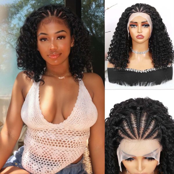 Quantum Love Braided Wigs for Black Women Braids Cornrows Lace Curly Wigs 16 Inch Lace Frontal Braided Fully Curly Bob Synthetic Glueless Wigs
