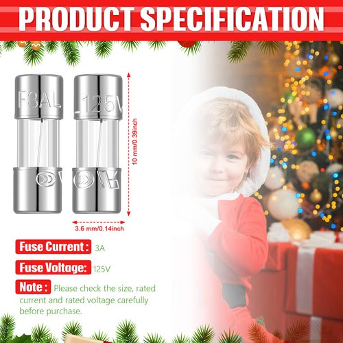 20 Pieces 0.14 x 0.39 Inch Christmas Lights Fuse Replacement Christmas Tree Light Fuses 3A 125 Volt Fast Blow Glass Fuse String Lights Fuse Replacement for LED Lights Outdoor String Lights (3A)