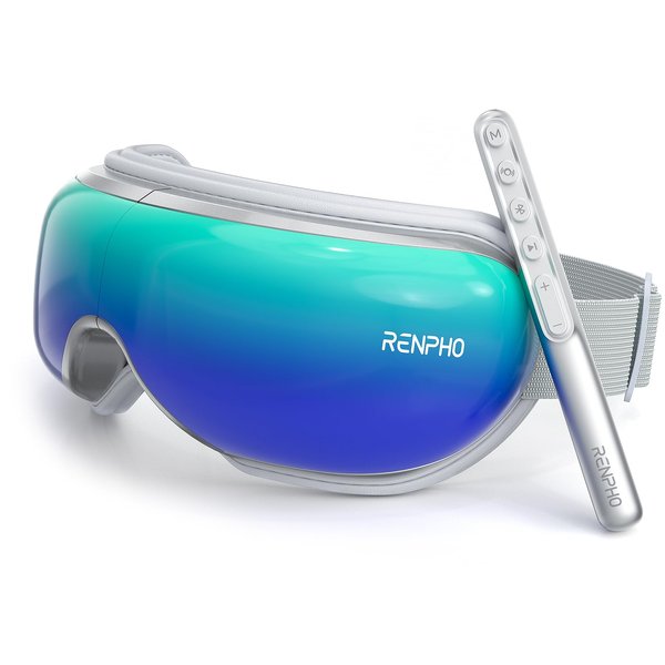 RENPHO Eyeris1 Eye Massager for Migraine with Heat, Updated Remote Wand, Compression, Music, Heated Eye Mask Forehead Massager for Stress Relief, Eye Relax, Wellness, Birthday Gifts for Her Him