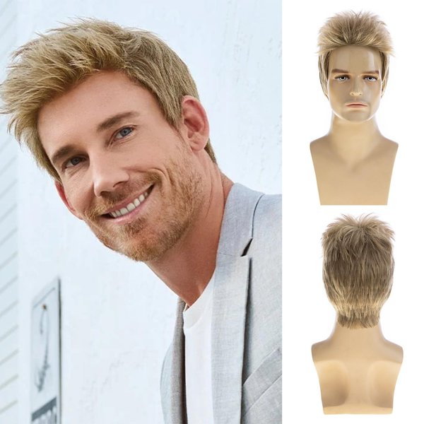 Sallcks Mens Short Blonde Wig Natural Layered Costume Halloween Wig Synthetic Heat Resistant Hair Replacement Wigs for Male Guys