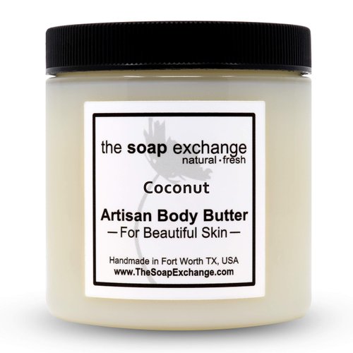 The Soap Exchange Body Butter - Coconut Scent - Hand Crafted 8 fl oz / 240 ml Natural Artisan Skin Care, Shea Butter, Aloe Vera, Nourish, Moisturize, & Protect. Made in the USA.