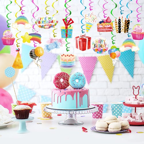 Watercolor Happy Birthday Party Hanging Swirl Banner Decor 30 Pack Sweet Candy Gifts Box Birthday Balloons Cutouts Banner Birthday Party Supplies For Girls Kids Sweet Bday Party Baby Shower Decor