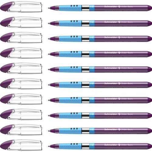 Schneider Slider Basic XB (Extra Broad) Ballpoint Pen, 1.4 mm, Transparent Barrel, Violet Ink, Box of 10 Pens (151208)