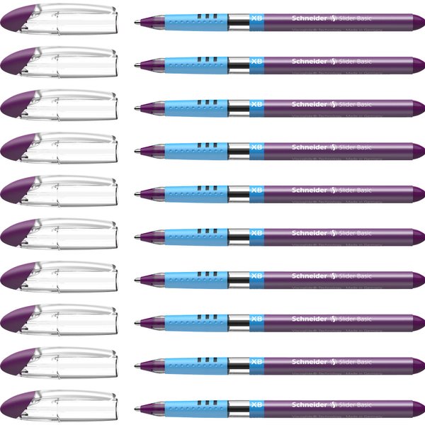 Schneider Slider Basic XB (Extra Broad) Ballpoint Pen, 1.4 mm, Transparent Barrel, Violet Ink, Box of 10 Pens (151208)