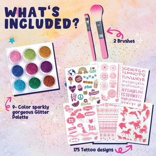 PURPLE LADYBUG Temporary Glitter Tattoo Kit - 175 No Mess Glitter Tattoos for Kids, Girls Birthday Gifts Age 8-10, Birthday Gift 6 7 8 9 10 year old Girls Sleepover Stuffs, Halloween Crafts for Kids