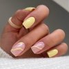 Yellow Press on Nails Medium Square Fake Nails Full Cover False Nails with Design Swirl Stick on Nails Solid Color Nails Press Ons Cute Glossy Acrylic Glue on Nails for Women Girls Manicure Set 24Pcs