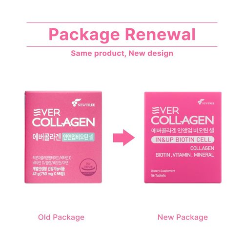 Ever Collagen in&UP Biotin Cell, Low Molecular Marine Fish Collagen Peptides Tablets with Vitamin Selenium Supplements - Healthy Skin, Hair, Nail for Women - Antioxidant Supplement