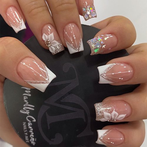 24pcs Short Square Press on Nails French Tip Fake Nails White Flower with Star Design Glitter False Nails Luxury Nail Charms Crafts White Stripes Glue on Nails for Women Manicure Tips