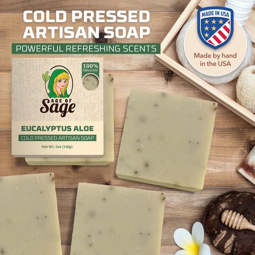 Age of Sage Natural Bar Soap for Women - Vegan Bath Soap Bars Gift Set - Handmade Cold Process Artisan Soap w/Essential Oil, All Moisturizing Wash Soaps, Fragrant Eucalyptus Aloe Scent (4 Pack)