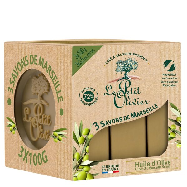 Le Petit Olivier Olive Oil Marseille Soaps, 3 x 3.5 oz - Enriched with Olive Oil and Natural Extracts - Mild and Gentle - Cruelty-Free - Paraben-Free - Natural Soap