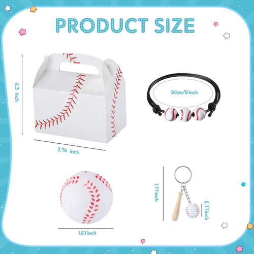 Teling 48 Pcs Baseball Party Favors Include 12 Baseball Treat Boxes 12 Mini Baseball Stress Ball 12 Mini Baseball Keychain with Wooden Bat 12 Baseball Charm Bracelets for School Team Sports Birthday