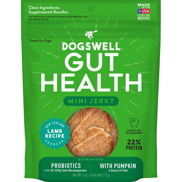 DOGSWELL Gut Health Mini Jerky Functional Dog Treats, Lamb 4 oz. Bag