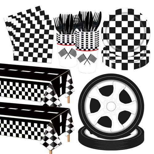 Poqirzan 146Pcs Racing Car Party Supplies Race Car Tableware Set Serve 24 Guests Includes Race Car Plates Cups Napkins For Car Birthday Party Decorations Checkered Racing Car Birthday Party Supplies