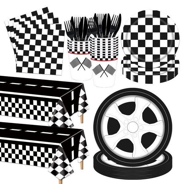 Poqirzan 146Pcs Racing Car Party Supplies Race Car Tableware Set Serve 24 Guests Includes Race Car Plates Cups Napkins For Car Birthday Party Decorations Checkered Racing Car Birthday Party Supplies