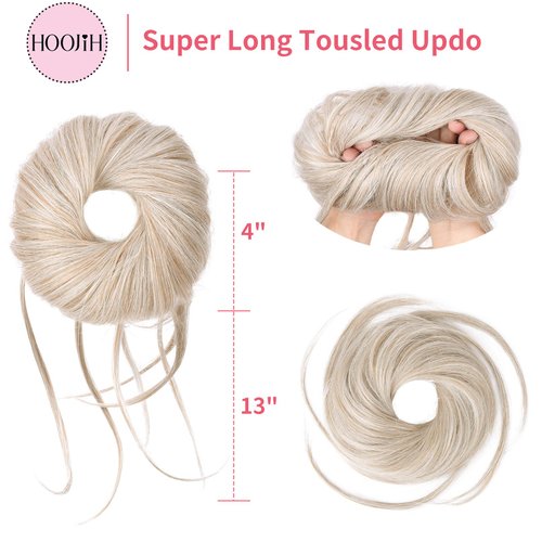 HOOJIH Messy Bun Hair Piece, Super Long Tousled Updo Hair Bun Extensions Wavy Hair Wrap Ponytail Hairpieces with Elastic Hair Band for Women HB007 Grace - Platinum with Medium Blonde Mixed