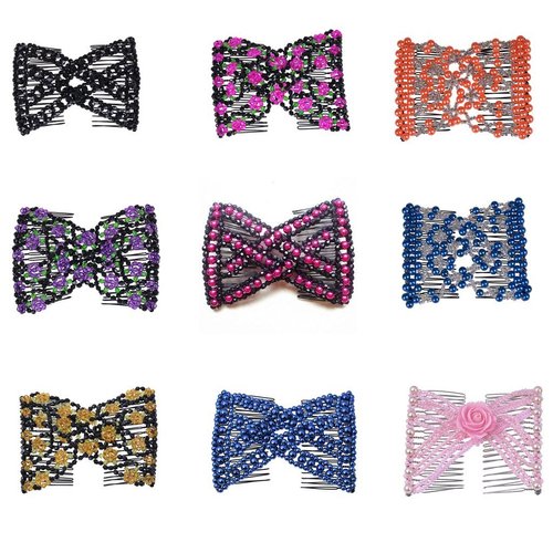 LOVEF Magic Easy Hair Comb Stretchy Beaded Hair Combs with Sweet Color Beads Pearl in Assorted Color and Design-10 Pcs
