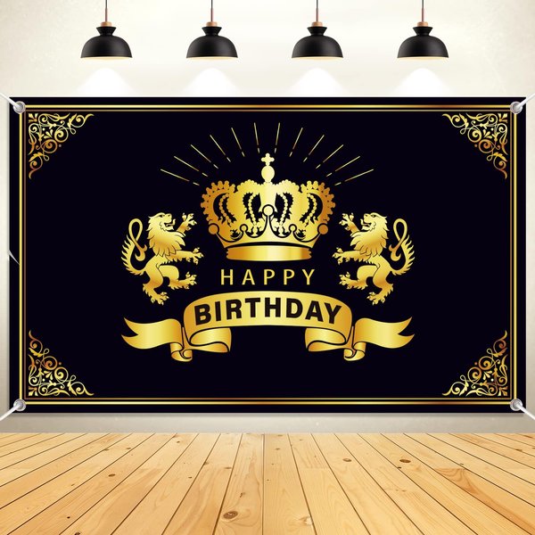 Crown Happy Birthday Backdrop, Black & Gold Birthday Party Decorations, Golden Lion King Party Supplies Birthday Banner, Photo Backdrop Photography Background for Men, 71 x 43 Inches