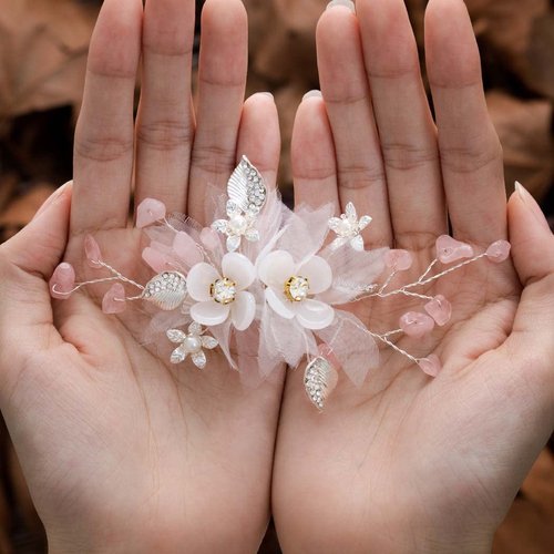 Foyte Crystal Bride Wedding Headpieces Flower Bridal Hair Vines Rhinestone Leaf Hair Pieces Pearl Hair Comb Bridesmaid Side Combs Hair Accessories for Women and Girls (leaf flower)