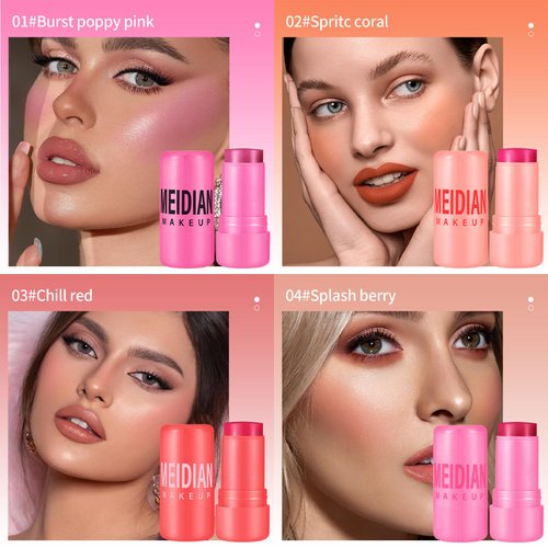 4 Colors Cooling Water Jelly Tint/Blush,Chill (Poppy Pink+Coral+Berry+Red) Multi-Use Cheek and Lip Gloss Makeup,Creates A Moist Watercolor Effect-1,000+ Swipes Per Stick Vivid Color