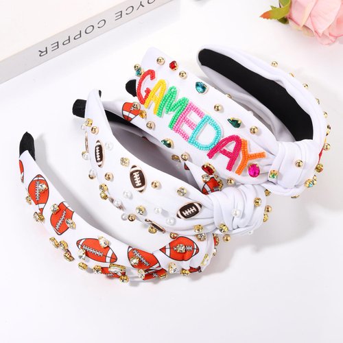 NVENF Game Day Accessories for Women Football Headband Crystal Pearl Knotted Headbands Game Day Football Mom Hair Accessories Sport Team Spirit Accessory Party Favors Gifts (Pattern B)