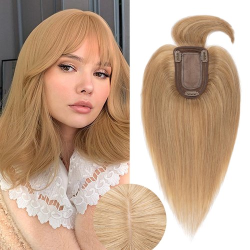 Rich Choices Hair Toppers for Women Real Human Hair 100% Human Hair Clip In On Hair Topper With Bangs Hand-made Top Hair Piece Middle Part With Thinning Hair #27 Dark Blonde 18'' 53g