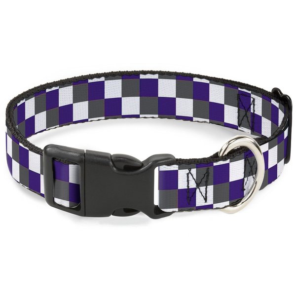 Buckle-Down Plastic Clip Collar - Checker Gray/Purple/White - 1" Wide - Fits 9-15" Neck - Small