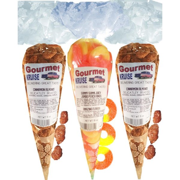 Almonds (2) Cinnamon Roasted (1) Juicy Jumbo Peach Rings (NET WT 20 OZ) Gourmet Kruise Signature Gift Bags