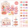 Lajeje 46pcs Kids Tea Party Set for Little Girls - Birthday Gift Toys for 3-8 Year Old Girls - Cute Princess Play Toddlers Tin Tea Set - Pretend Toys with Desserts, Flower Teapot, and Carrying Case